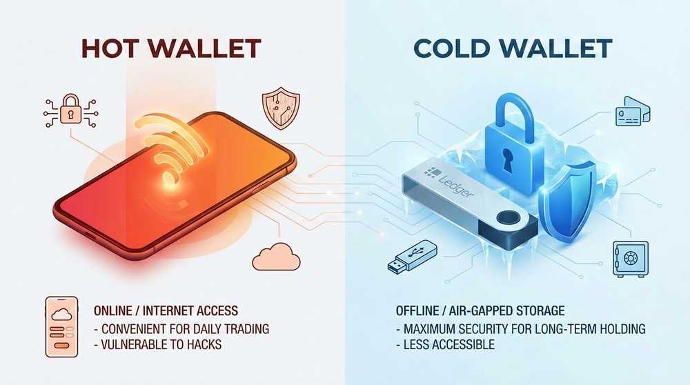 Hot vs cold crypto wallet comparison - visual security diagram for cryptocurrency storage