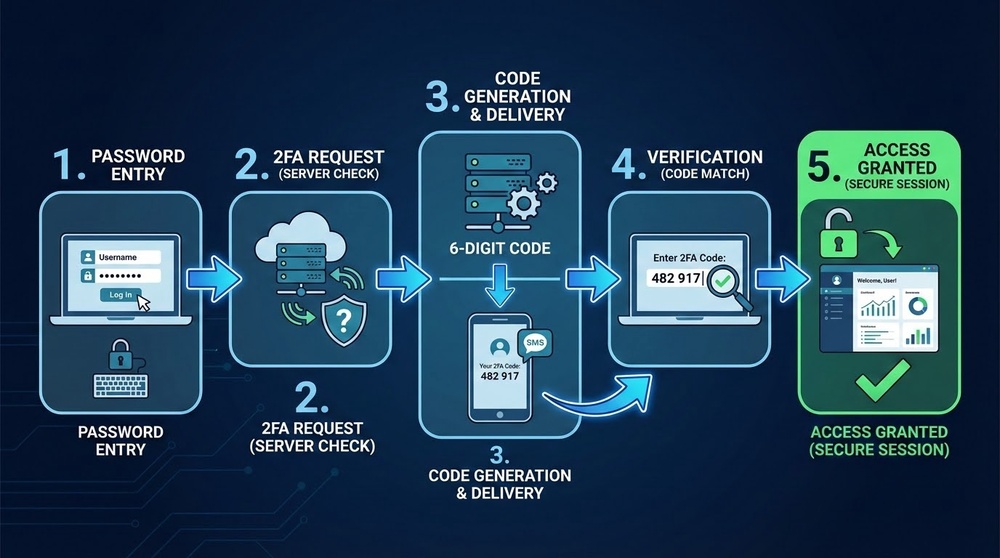 Two-factor authentication workflow diagram - 2FA login process explained