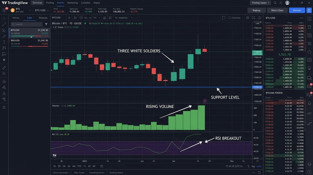 Chart with Three Soldiers pattern combined with levels, volume, and RSI