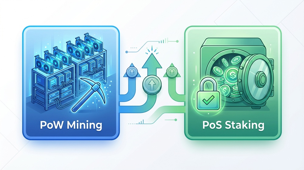 Mining und Staking von Kryptowährungen - visueller Vergleich