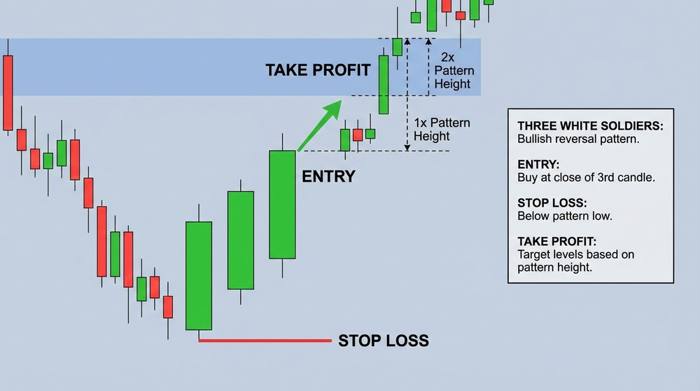 Trading setup diagram with Three White Soldiers pattern: entry points, stop-loss, and take-profit