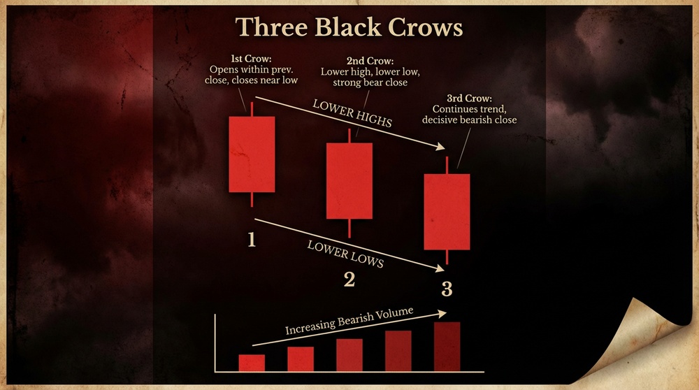 Detailed structure of the Three Black Crows pattern with key elements