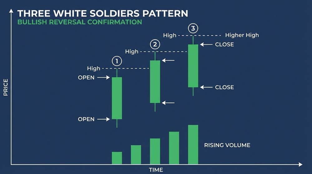 Detailed anatomy of the Three White Soldiers pattern with key elements labeled
