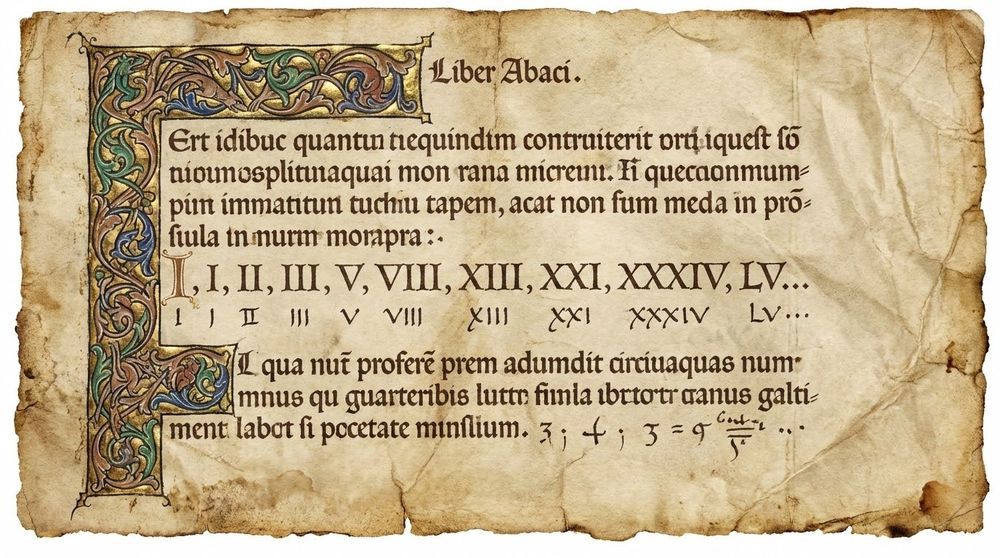 Page from the medieval Liber Abaci manuscript by Fibonacci with mathematical calculations