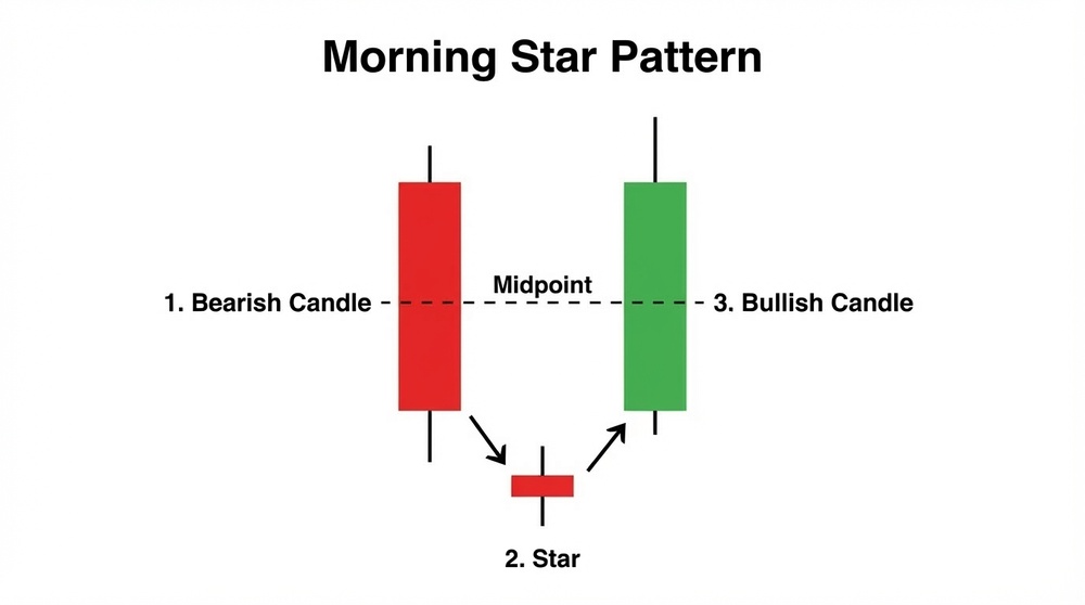 Morning Star pattern structure - three reversal candles on cryptocurrency chart
