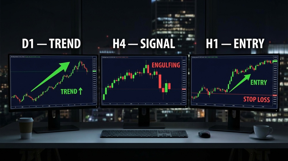 Example of multi-timeframe analysis on three screens