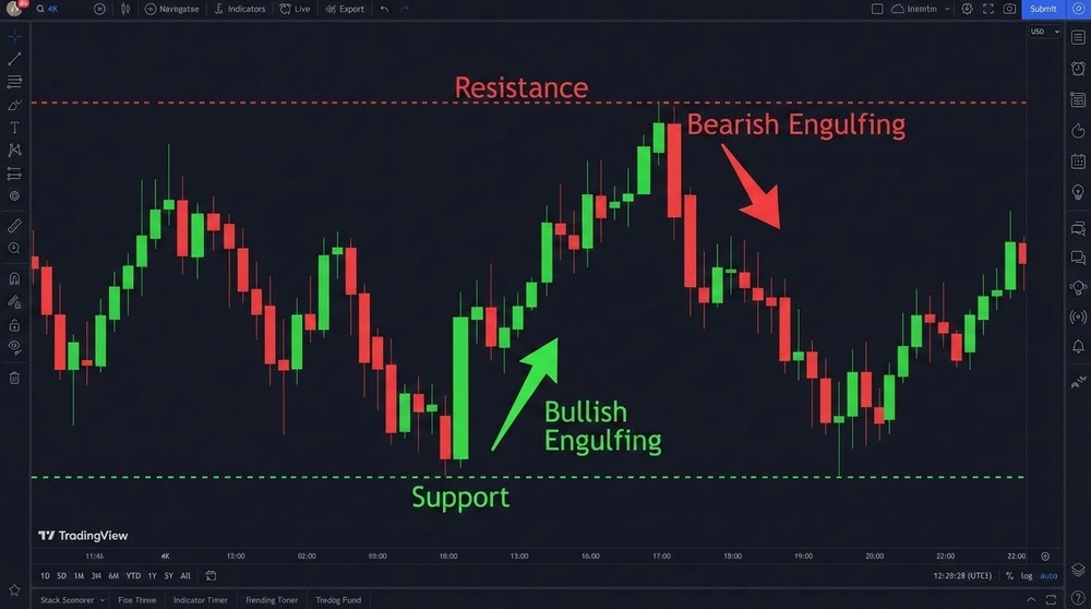 Engulfing patterns and stars at key support and resistance levels