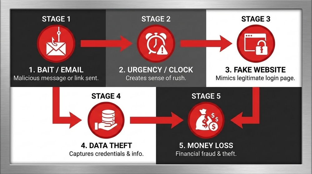 Diagram of phishing attack stages from capturing attention to stealing cryptocurrency