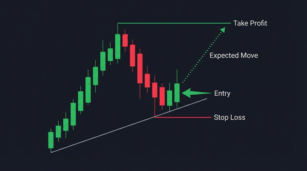 Pullback entry strategy to support level in uptrend with reversal pattern