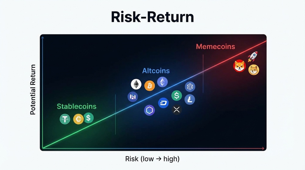 Risiko-Rendite-Verhältnis: Altcoins, Stablecoins, Memecoins
