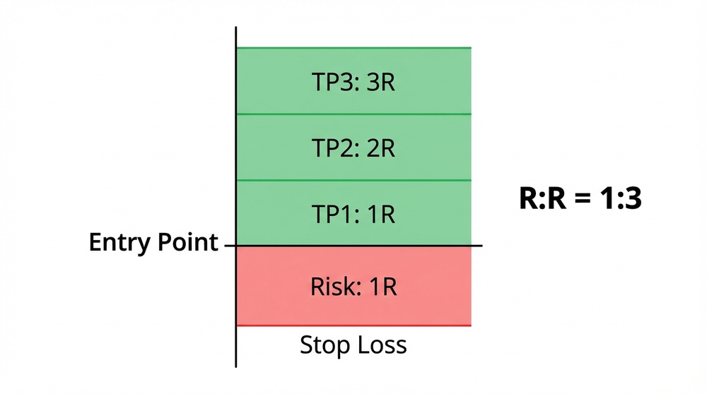 Visualization of 1:3 risk/reward ratio on chart with entry, stop-loss, and take-profit markers