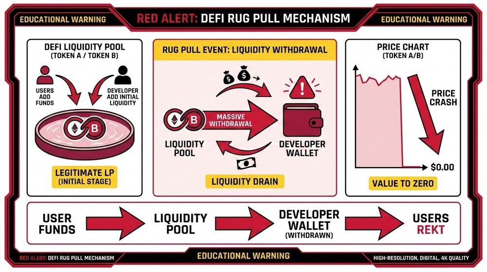 Rug Pull attack mechanism in DeFi - liquidity drain scheme explained