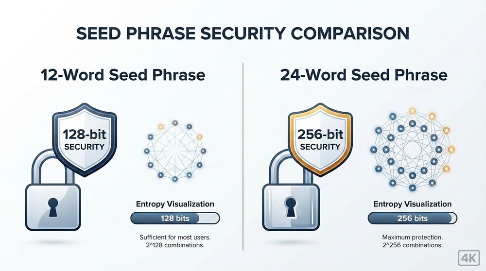 Seed phrase length comparison 12 vs 24 words - crypto wallet security levels