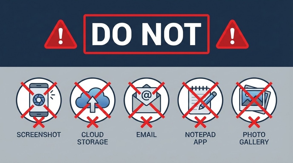 Common seed phrase storage mistakes for crypto wallets - danger infographic