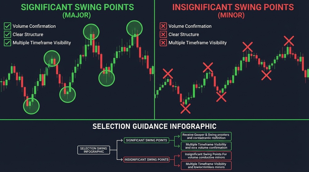 Criteria for selecting significant swing points for Fibonacci construction — examples of correct and incorrect selection