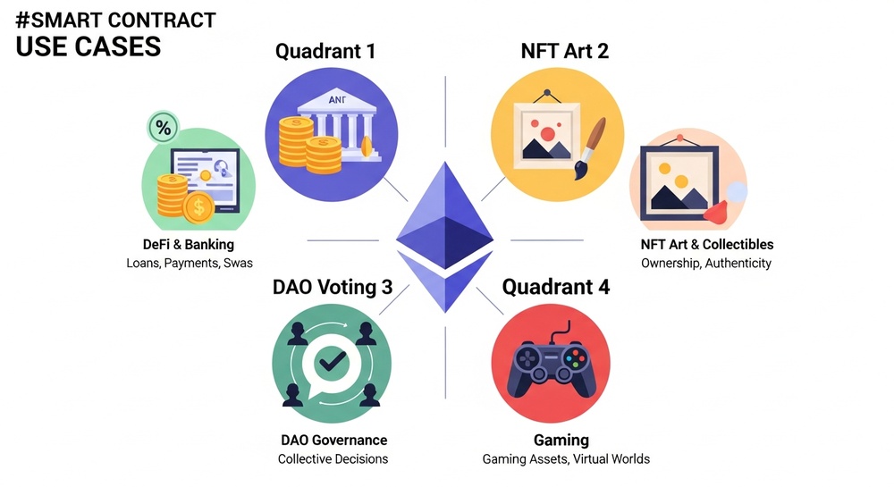 Infografía de aplicación de contratos inteligentes: DeFi, NFT, DAO, juegos