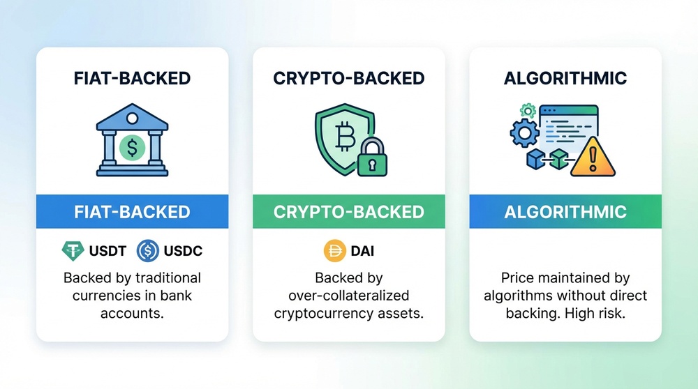 Drei Arten von Stablecoins: Fiat-besichert, Krypto-besichert und algorithmisch