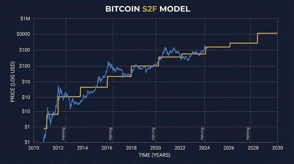 Stock-to-Flow-Modell-Diagramm für Bitcoin, das den Anstieg der Knappheit nach jedem Halving zeigt