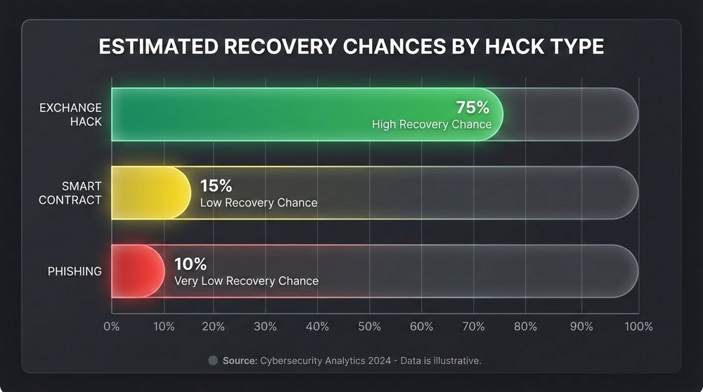 Statistics on stolen cryptocurrency recovery chances by hack type
