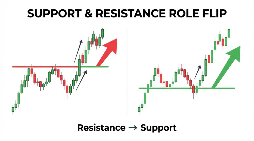 Diagram of level role reversal - resistance becomes support after breakout