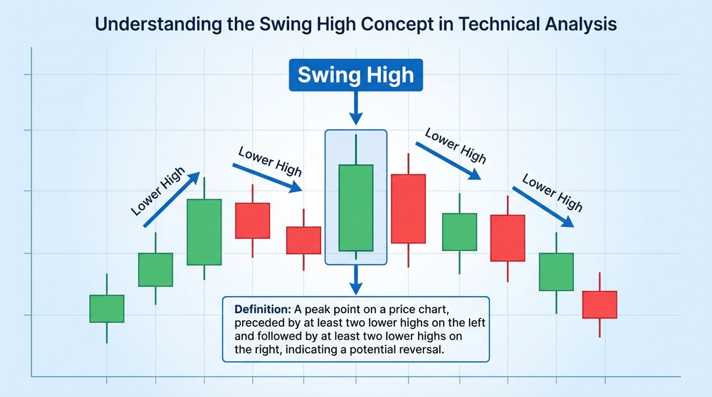 Swing high example on a cryptocurrency chart — local maximum with confirming candles on left and right