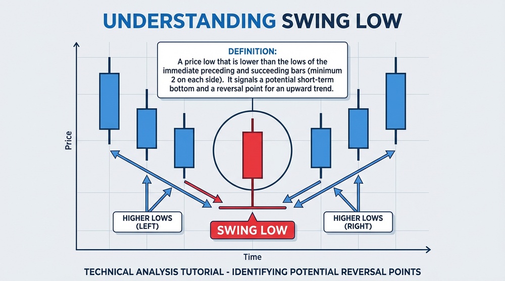 Swing low example on a cryptocurrency chart — local minimum with confirming candles