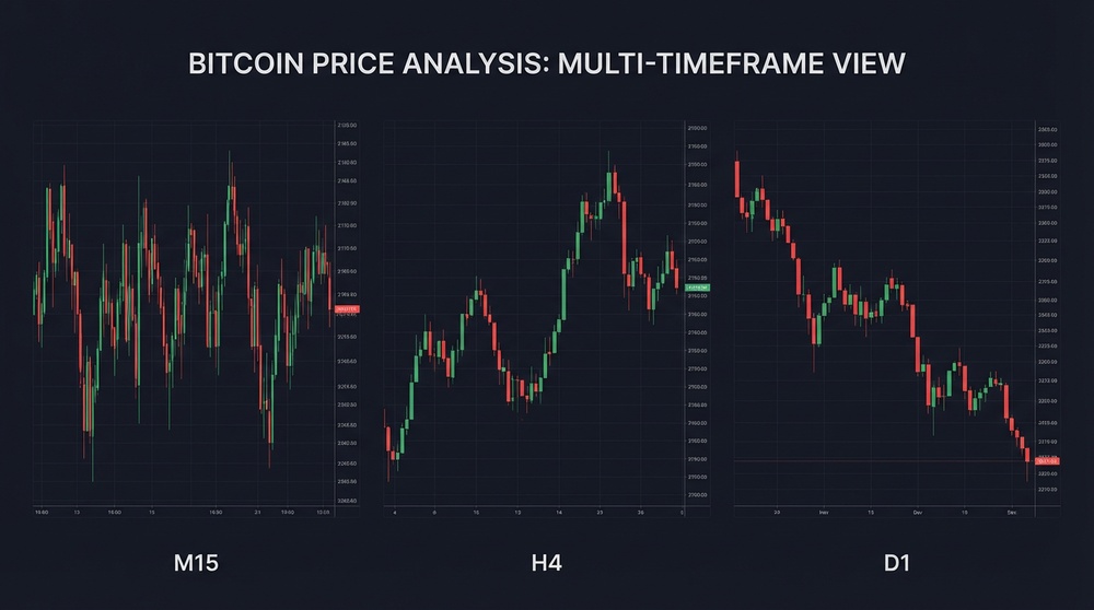 Bitcoin chart comparison across different timeframes: 15 minutes, 4 hours, and daily