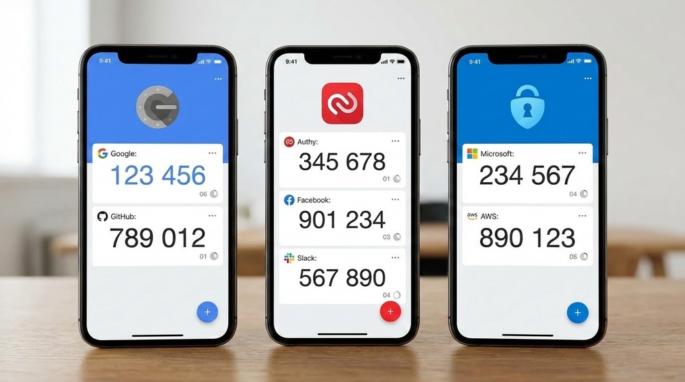 TOTP app interface comparison - Google Authenticator, Authy, Microsoft Authenticator