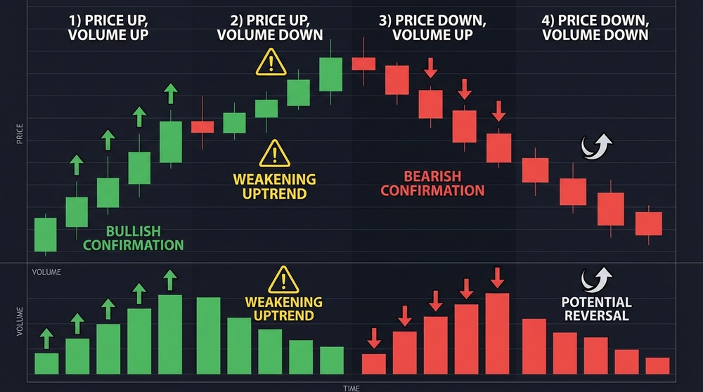 Volume analysis in trading with examples of rising and falling volume