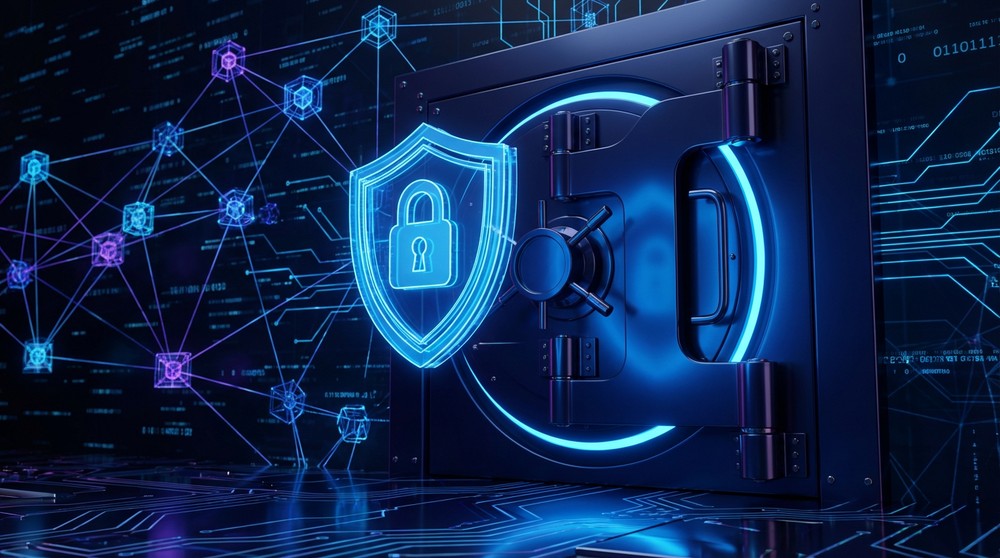 Coinbase secure cryptocurrency vault with security symbols