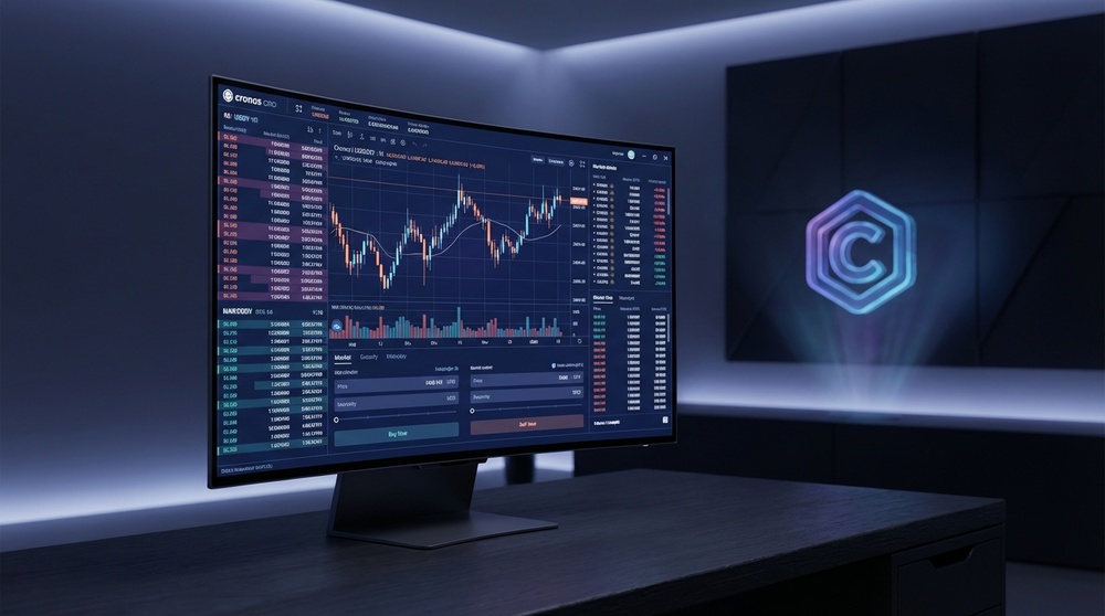 Crypto.com Exchange trading interface on dark background with charts and asset pairs