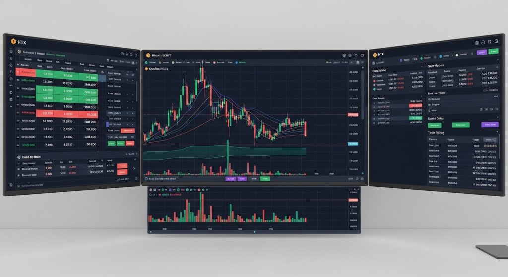 HTX trading interface with charts and order book