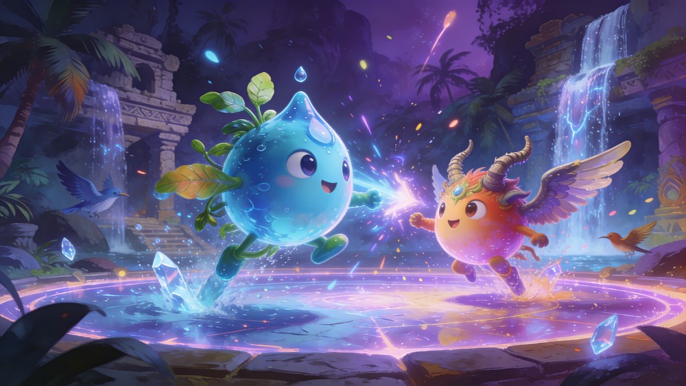 Axie Infinity fantasy world with creatures battling in an arena