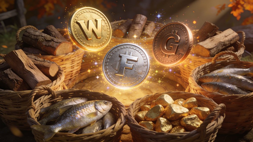 Farmers World tokens FWW, FWF, FWG coins on a table