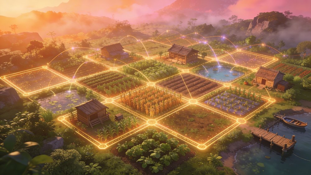 NFT land in Farmers World, isometric view of plots and construction