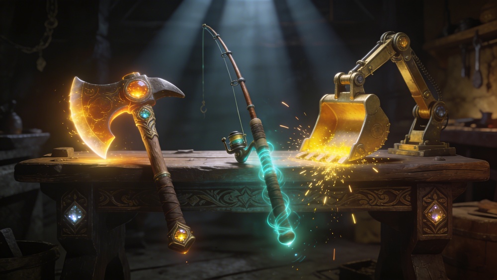 NFT tools in Farmers World - axe, fishing rod, excavator of various rarities