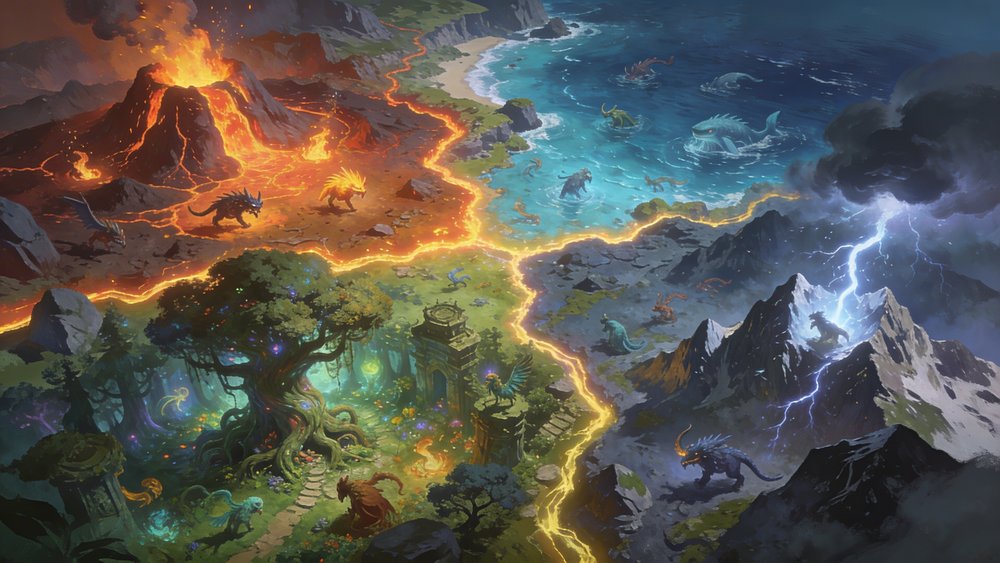 Map of Dreva showing the four distinct elemental regions in Pikamoon