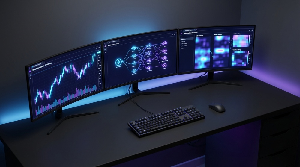 On-chain analyst workspace with multiple monitors and tools